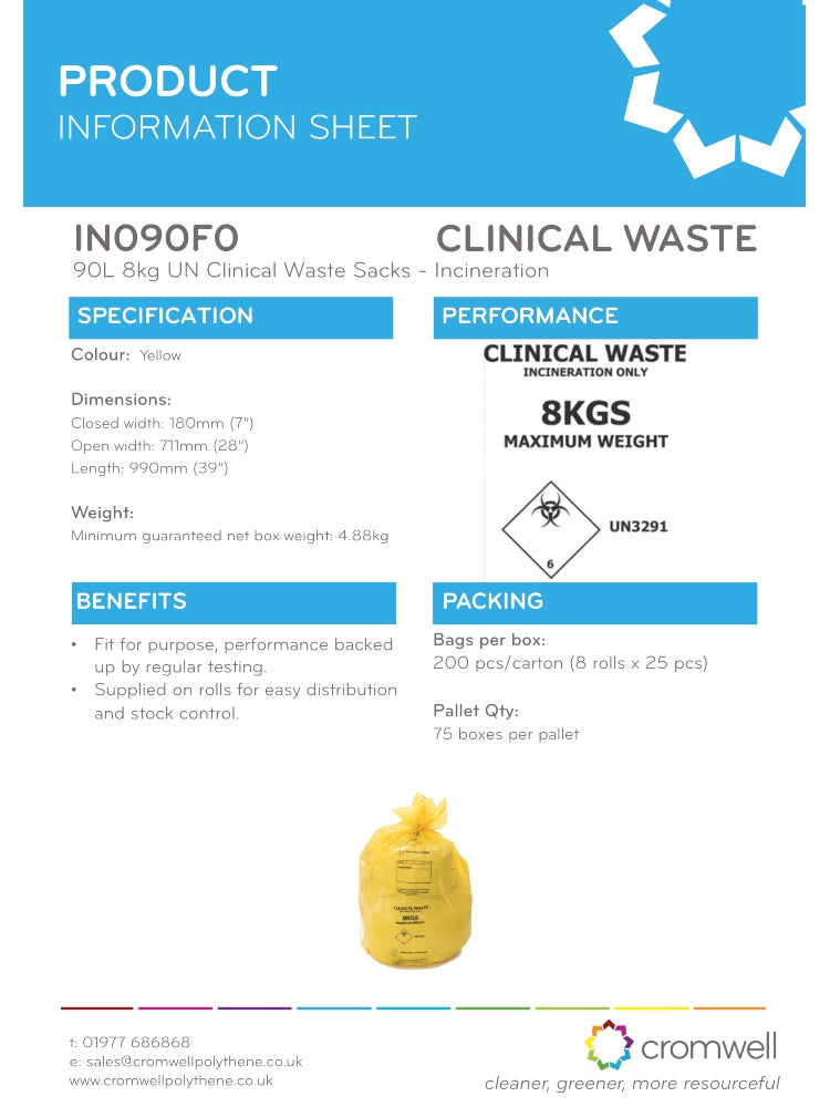 Yellow Medium Duty Clinical Waste Sacks 90 Ltr 8 Kgs (25)