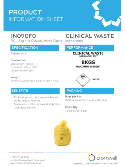 Yellow Medium Duty Clinical Waste Sacks 90L 8kg  - UN3291 Incineration Bags | Rolls of 25| Rolls of 25