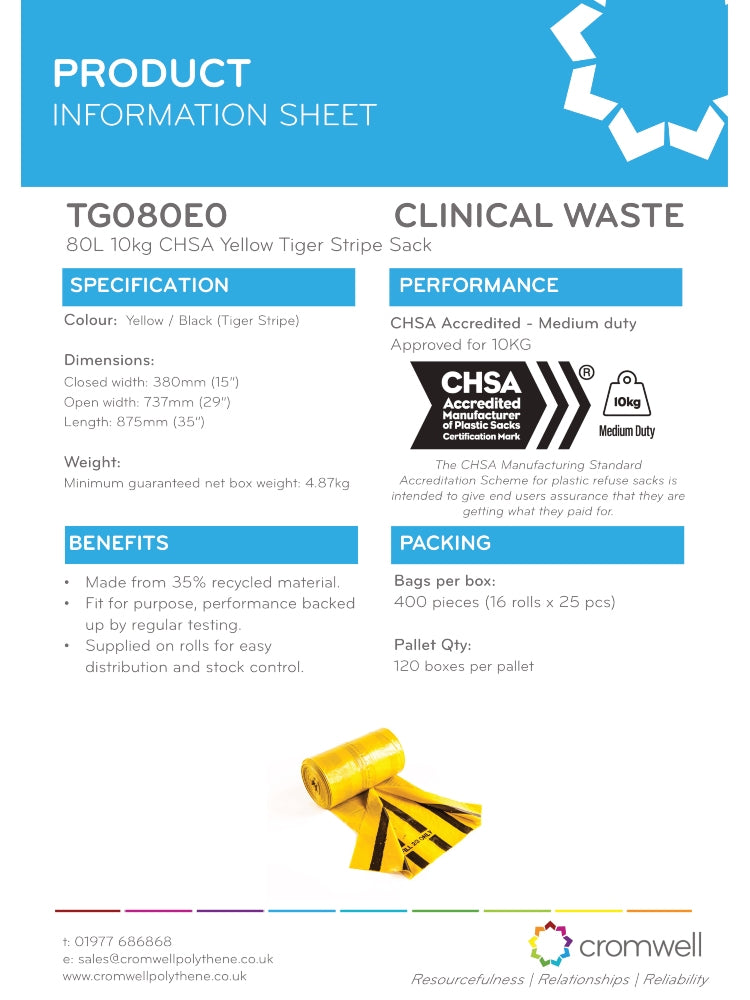 Tiger Stripe Medium Duty Clinical Waste Sacks 80 Ltr 10 Kgs | Yellow & Black Offensive Waste Bags (Rolls of 25)