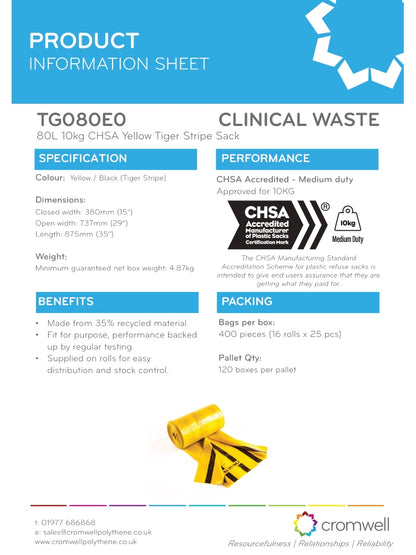 Tiger Stripe Medium Duty Clinical Waste Sacks 80 Ltr 10 Kgs | Yellow & Black Offensive Waste Bags (Rolls of 25)