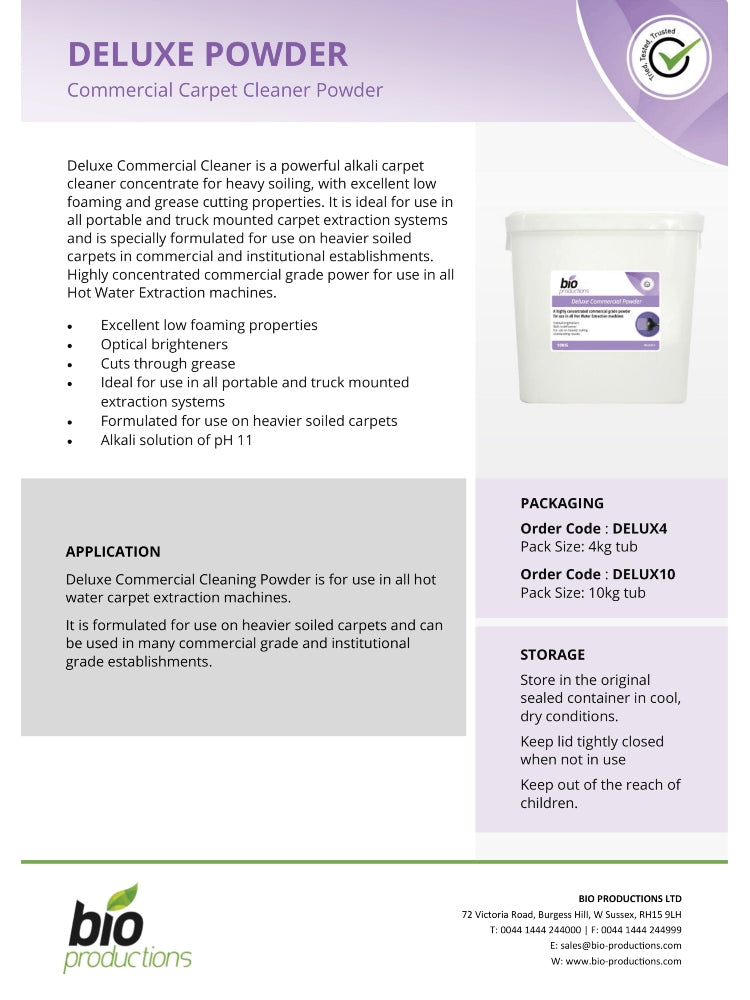 Bio Productions Deluxe Commercial Carpet Cleaner Powder 10kg – Heavy Duty Extraction Cleaner (Low Foam, Grease Cutting, pH 11) for Professional Carpet Cleaning Machines