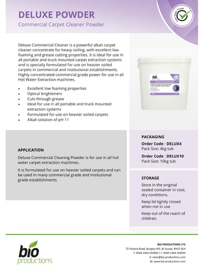 Bio Productions Deluxe Commercial Carpet Cleaner Powder 10kg – Heavy Duty Extraction Cleaner (Low Foam, Grease Cutting, pH 11) for Professional Carpet Cleaning Machines