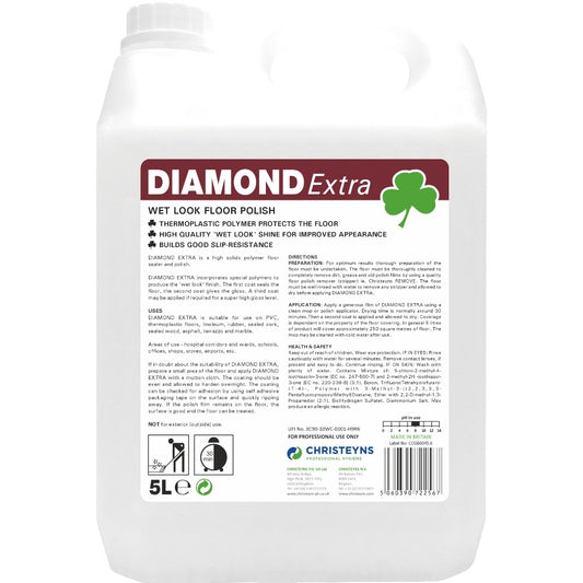 Clover Chemicals Diamond Extra Wet Look Floor Polish 5L | Professional High-Gloss Floor Sealer & Polish for Vinyl, Lino & Hard Floors (109)