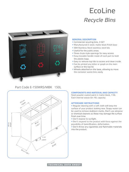 Ecoline Recycling 150L Matte Black Moveable Waste Bin