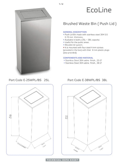 Ecoline Brushed Stainless Waste Bin (Push Lid) 25Ltr – 50Ltr