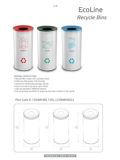 Ecoline Recycling Waste Bins 135L Set (3)