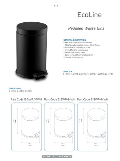 Ecoline Matte Black Waste Bin (Pedal Lid) 20Ltr - 30Ltr