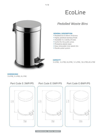 Ecoline Polished Stainless Waste Bin (Pedal Lid) 20Ltr - 30Ltr