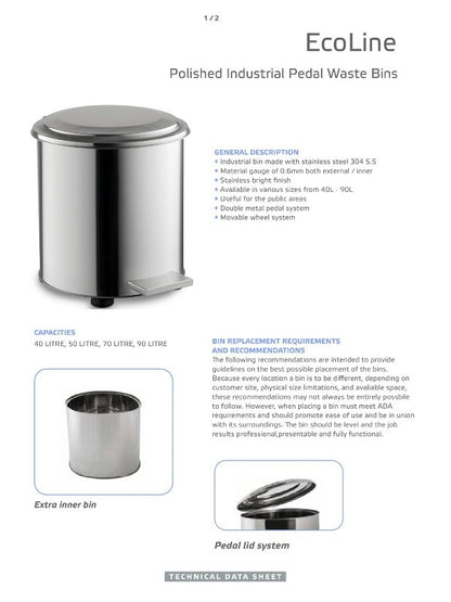 Ecoline Polished Stainless Industrial Waste Bin 40Ltr – 90Ltr