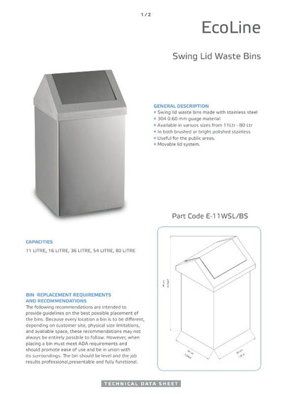 Ecoline Brushed Stainless Waste Bin (Swing Lid) 36Ltr – 80Ltr