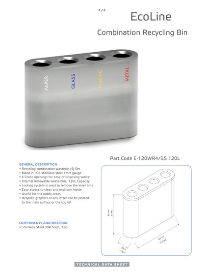 Ecoline Recycling Stainless Steel 120L Cylinder Waste Bin
