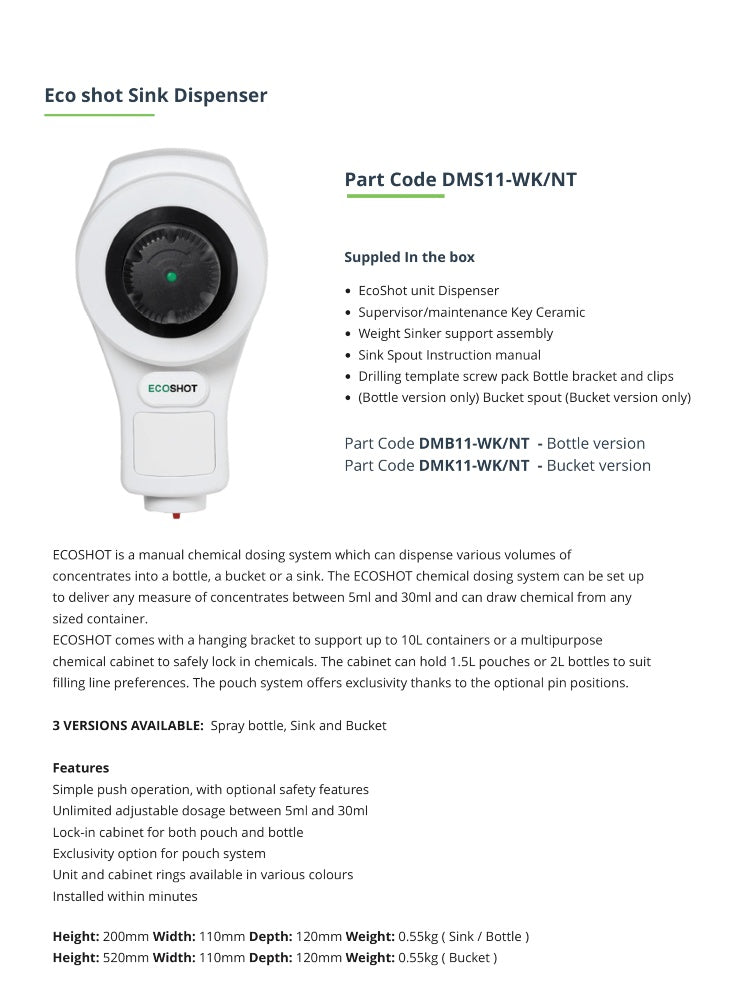 EcoShot Sink Fill Manual Chemical Dosing Dispenser