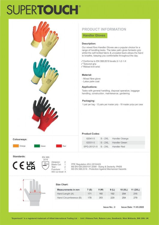 12 x Handler Glove Mixed Fibre Shell With Green Latex Palm Coat