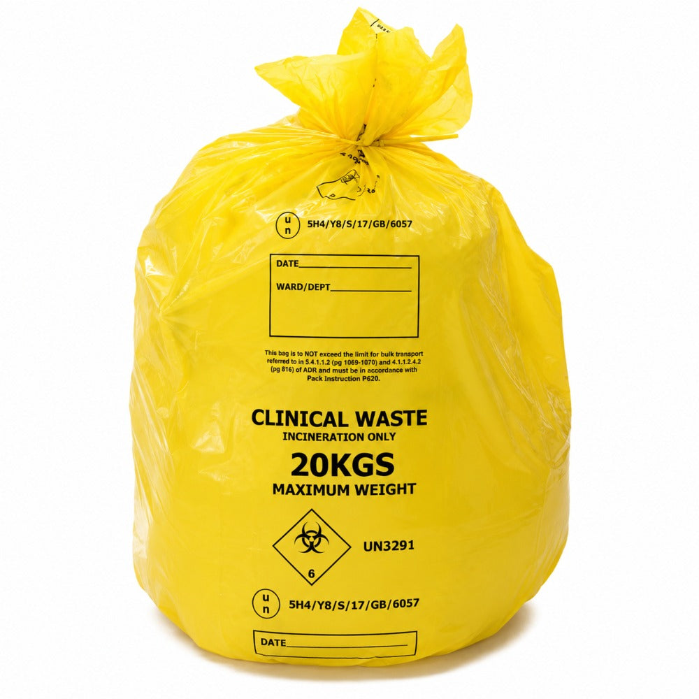 Yellow Heavy Duty Clinical Waste Sacks 90 Ltr 20 Kgs - UN3291 Incineration Bags | Rolls of 20