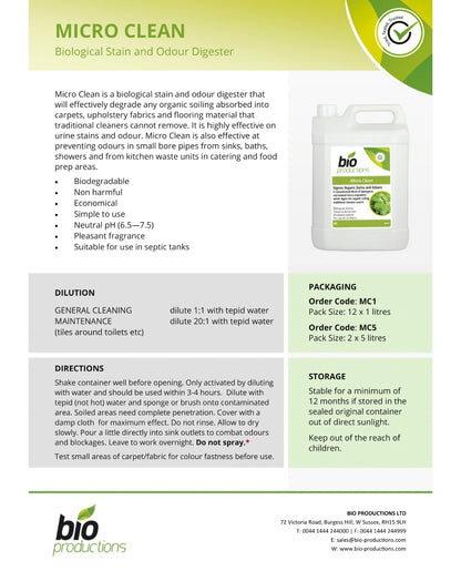 Bio Productions MICRO CLEAN - Biological Stain & Odour Eradicator 5 Ltr