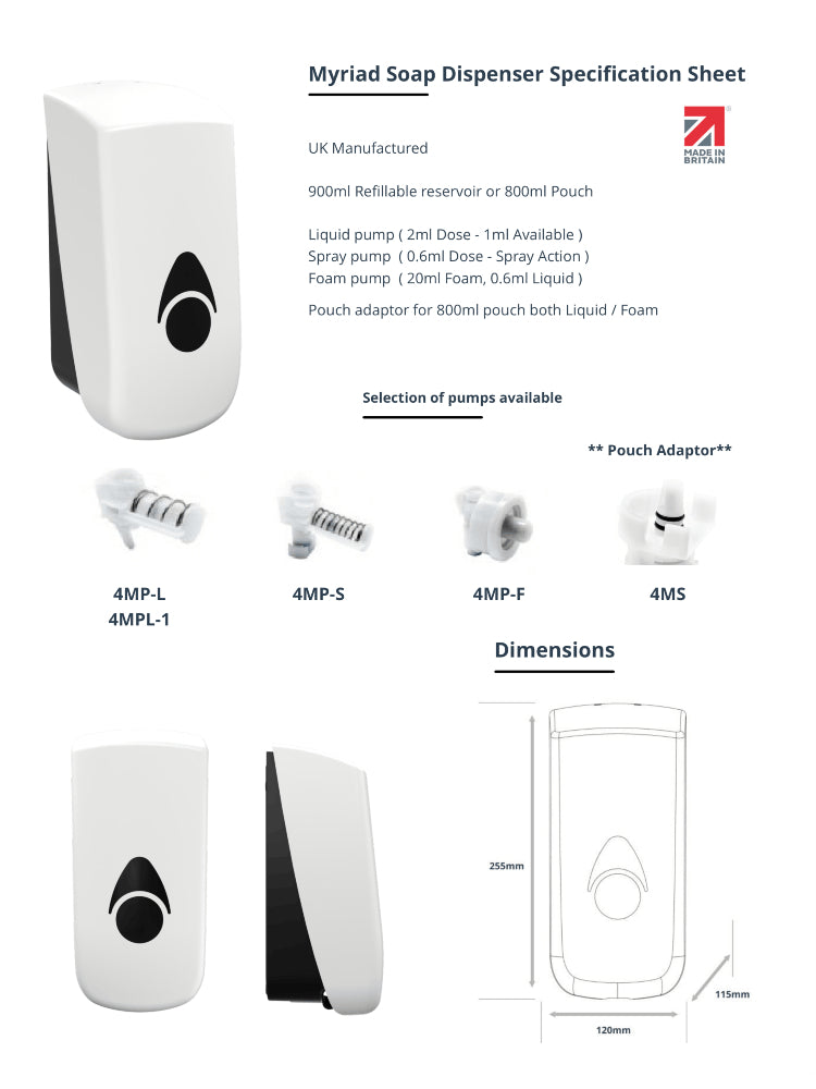 Myriad Gloss White Recycled 900ml Soap Dispenser | Foam, Liquid or Spray Pump