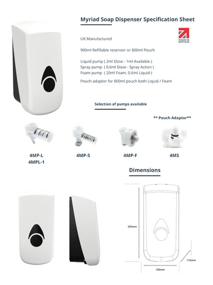 Myriad Gloss White Recycled 900ml Soap Dispenser | Foam, Liquid or Spray Pump