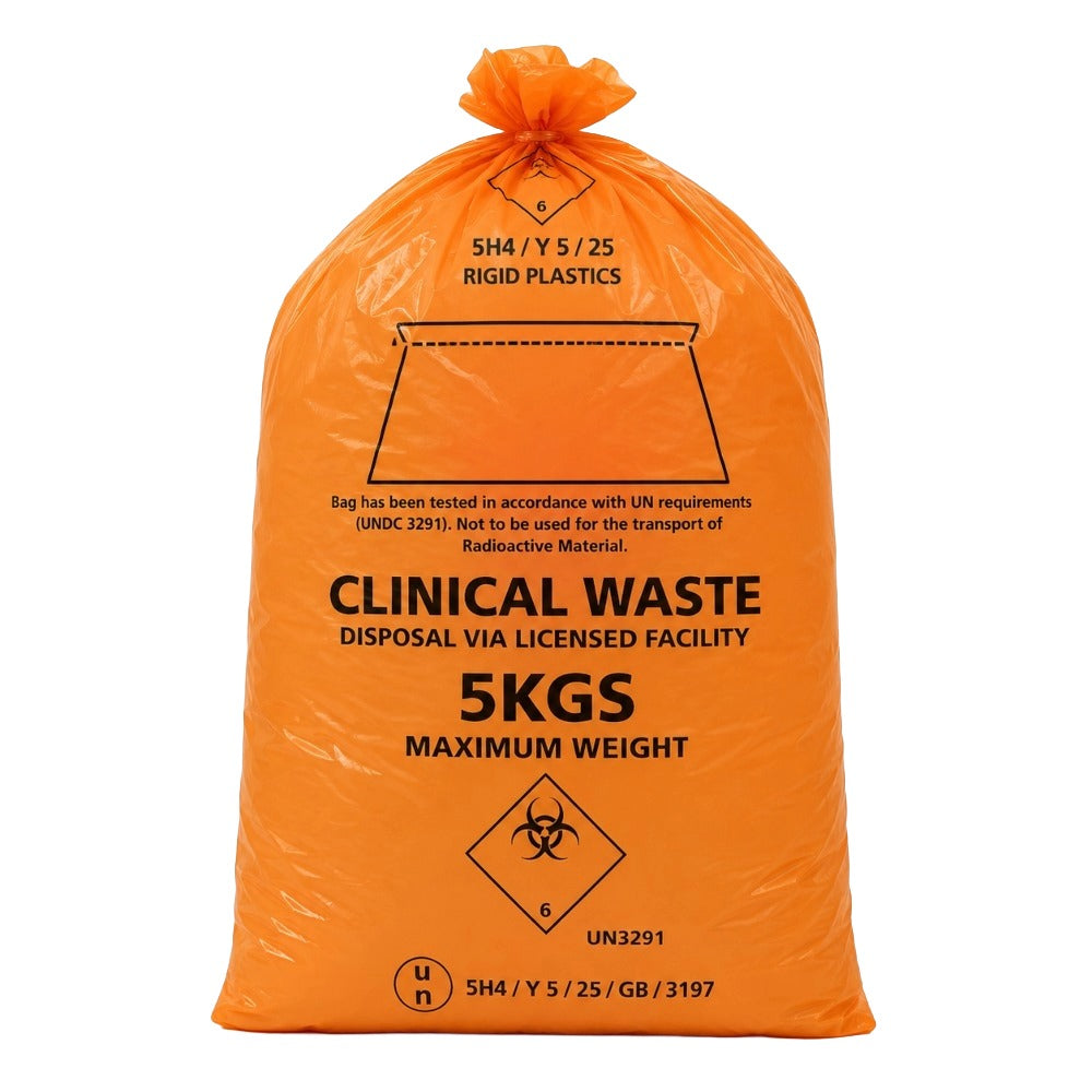 Orange Light Duty Clinical Waste Bags 20L 5kg | UN 3291 Medium Duty Alternative Treatment Sacks | Rolls of 25