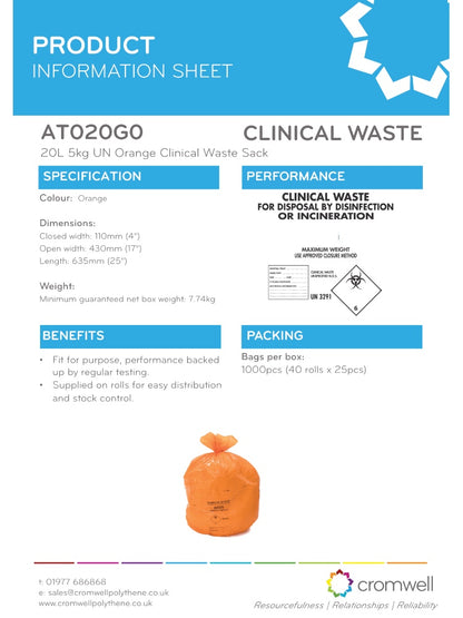 Orange Light Duty Clinical Waste Bags 20L 5kg | UN 3291 Medium Duty Alternative Treatment Sacks | Rolls of 25