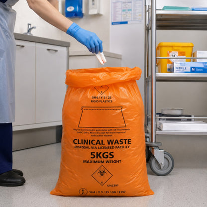Orange Light Duty Clinical Waste Bags 20L 5kg | UN 3291 Medium Duty Alternative Treatment Sacks | Rolls of 25