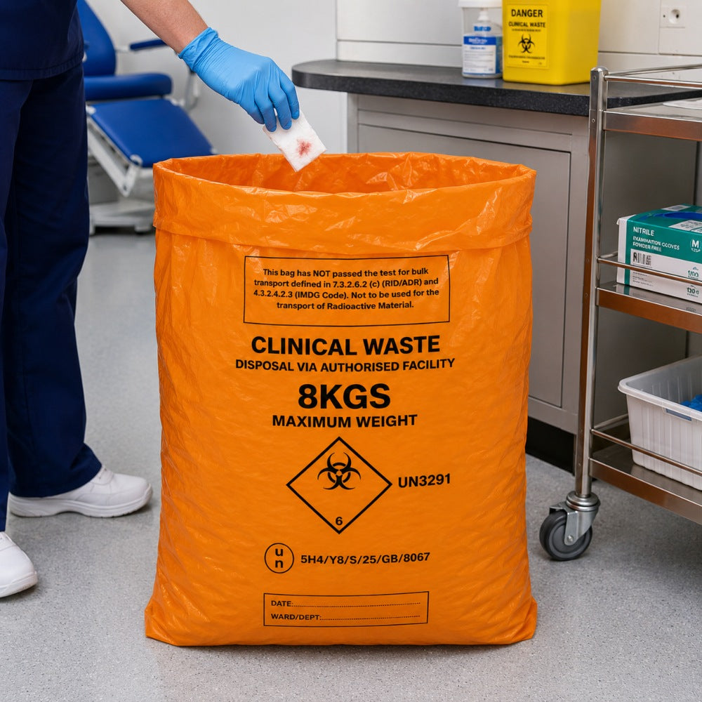Orange Medium Duty Orange Clinical Waste Bags 90L 8kg | UN 3291 Medium Duty Alternative Treatment Sacks | Rolls of 25