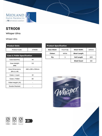 Whisper Ultra 3-Ply Premium Toilet Rolls (40 Rolls)