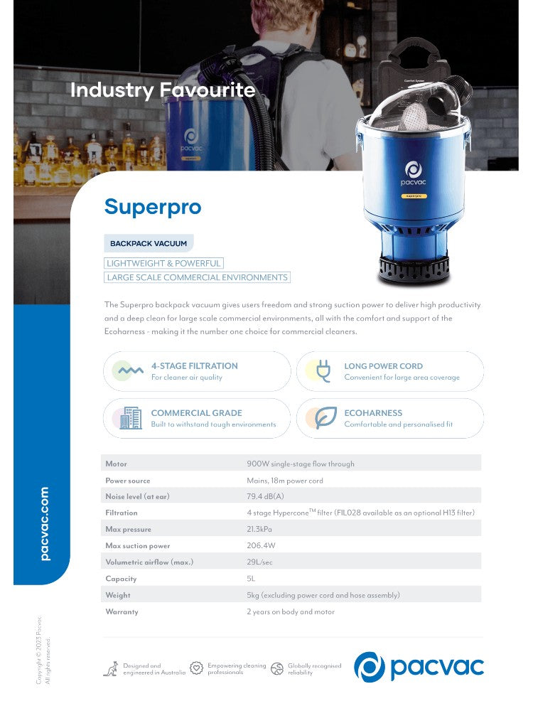 Pacvac Superpro Backpack Vacuum Cleaner | Corded Commercial 5L Vacuum