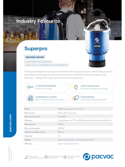 Pacvac Superpro Backpack Vacuum Cleaner | Corded Commercial 5L Vacuum