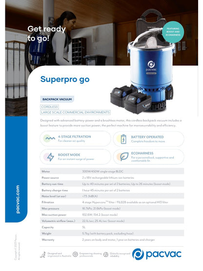 Pacvac Superpro Go Battery Backpack Vacuum Cleaner Cordless 5L