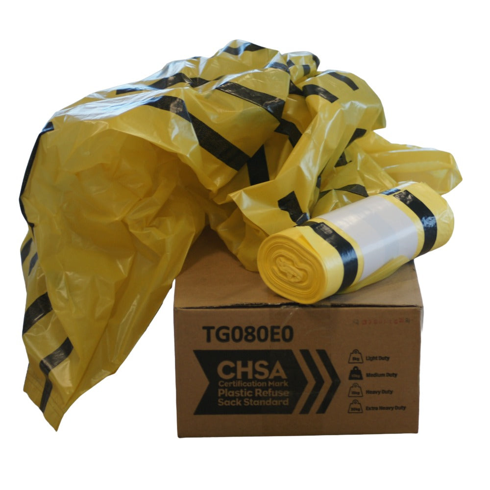 Tiger Stripe Medium Duty Clinical Waste Sacks 80 Ltr 10 Kgs | Yellow & Black Offensive Waste Bags (Rolls of 25)
