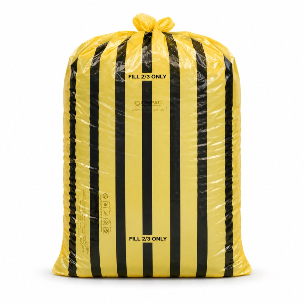 Tiger Stripe Medium Duty Clinical Waste Sacks 80 Ltr 10 Kgs | Yellow & Black Offensive Waste Bags (Rolls of 25)