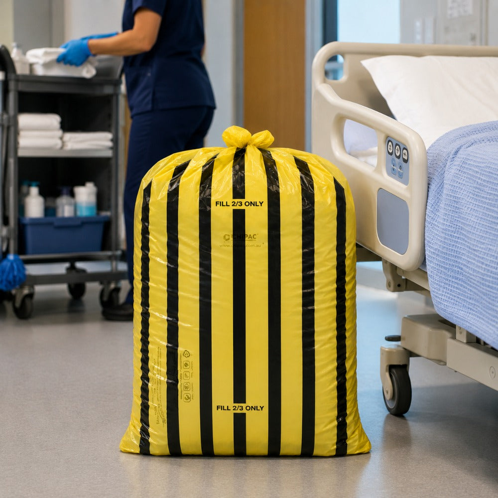 Tiger Stripe Medium Duty Clinical Waste Sacks 80 Ltr 10 Kgs | Yellow & Black Offensive Waste Bags (Rolls of 25)
