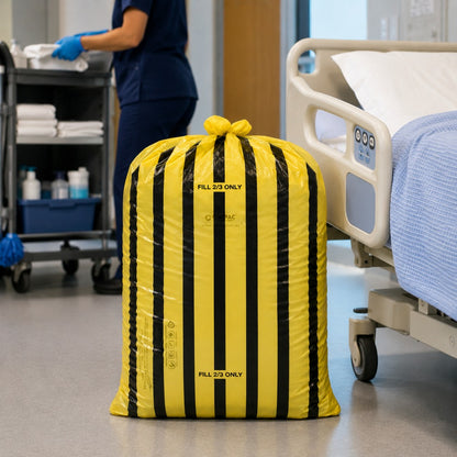 Tiger Stripe Medium Duty Clinical Waste Sacks 80 Ltr 10 Kgs | Yellow & Black Offensive Waste Bags (Rolls of 25)
