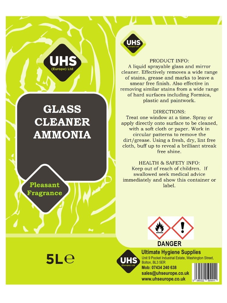 Glass Cleaner - Ammonia, IPA & Vinegar Formulations, Smear & Streak Free - UHS EUROPE