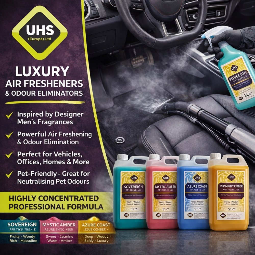 Luxury Air Freshener & Deodoriser 5L – Concentrated Car, Home & Commercial Odour Eliminator | Designer Fragrance Inspired (Sovereign, Mystic Amber, Azure Coast, Midnight Ember) - UHS EUROPE