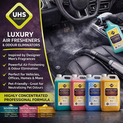 Luxury Air Freshener & Deodoriser 5L – Concentrated Car, Home & Commercial Odour Eliminator | Designer Fragrance Inspired (Sovereign, Mystic Amber, Azure Coast, Midnight Ember) - UHS EUROPE