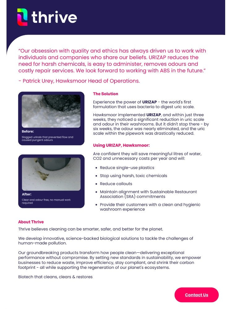 Thrive URIZAP Urinal Treatment | Eliminate Odours, Clear Blockages & Cut Water & Maintenance Costs