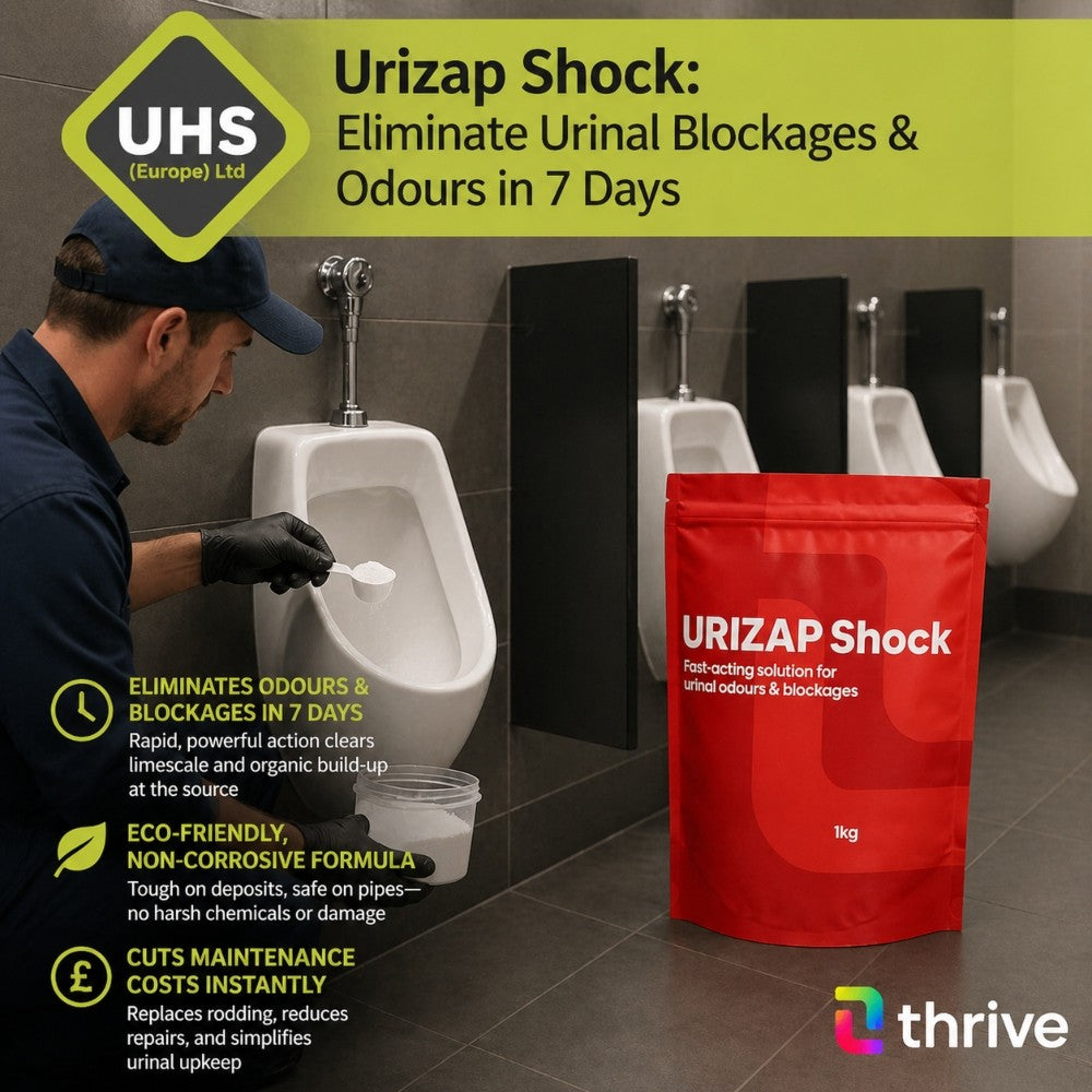 Thrive URIZAP Shock: Eliminate Urinal Blockages & Odours in 7 Days | Powerful Eco-Friendly Cleaner