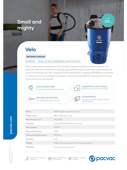 Pacvac Velo Corded Backpack Vacuum Cleaner | Lightweight 900W Commercial Vacuum