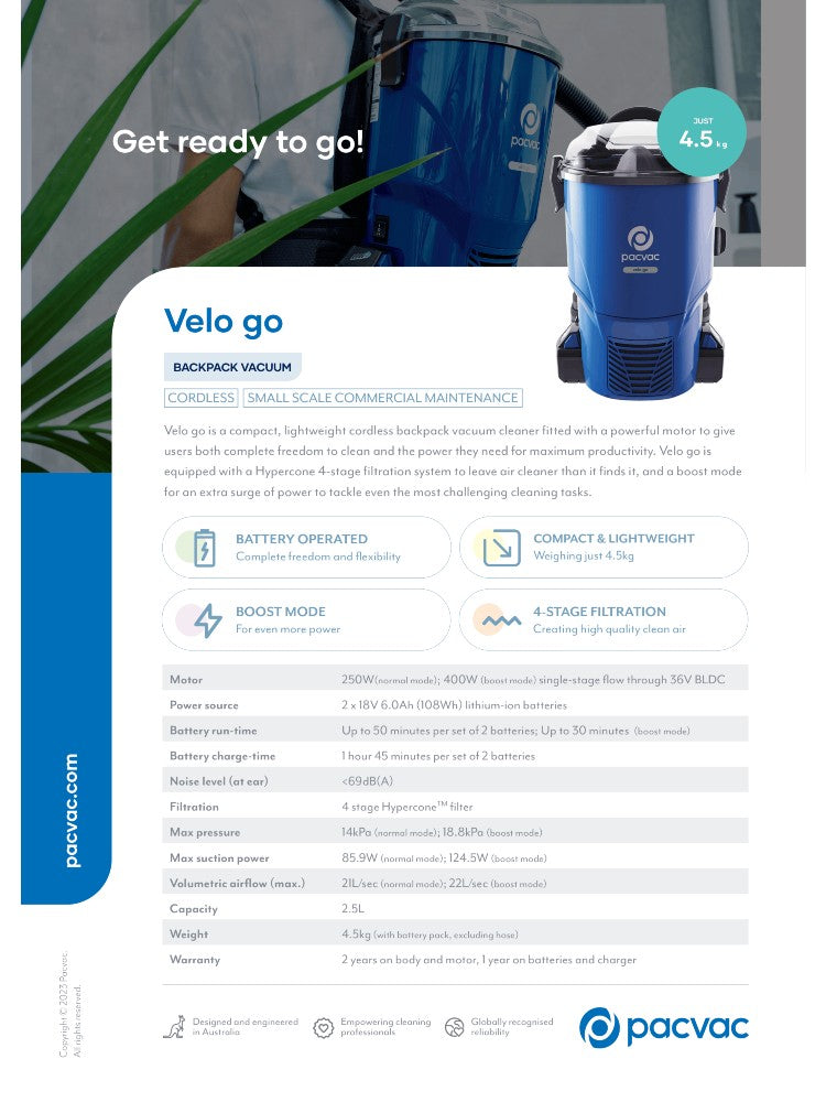 Pacvac Velo Go Cordless Battery Backpack Vacuum Cleaner