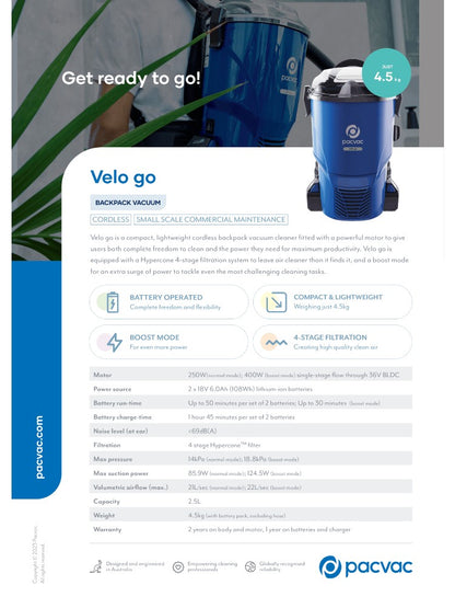 Pacvac Velo Go Cordless Battery Backpack Vacuum Cleaner
