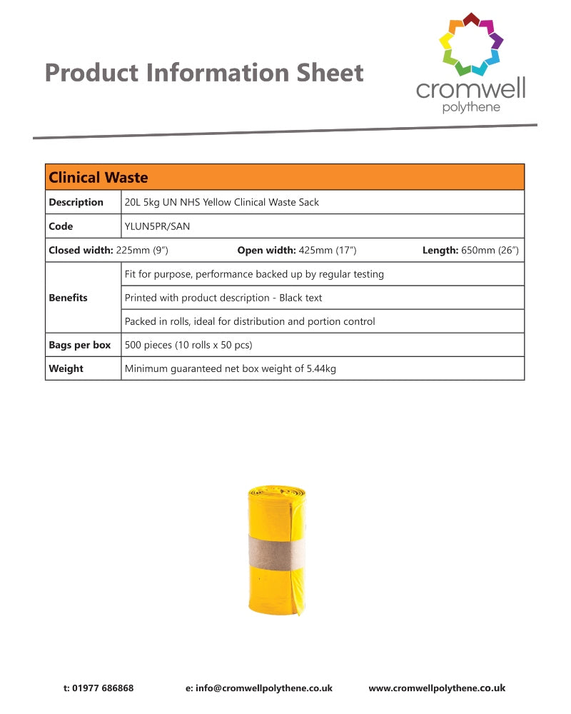 Yellow Medium Duty Clinical Waste Sacks 20 Ltr 5 Kgs (50)