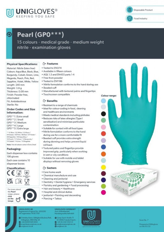 Unigloves  Blue Pearl  Blue Nitrile Gloves (100  Per Box)