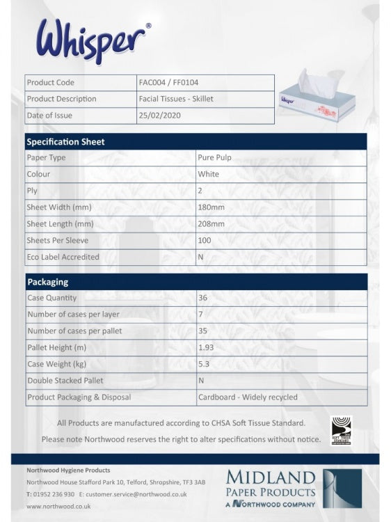 Tissues Facial White 2 ply 36 Packs x 100 Sheets