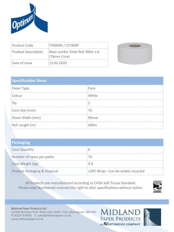 Jumbo Toilet Roll 300m - 76mm (6 Pack)